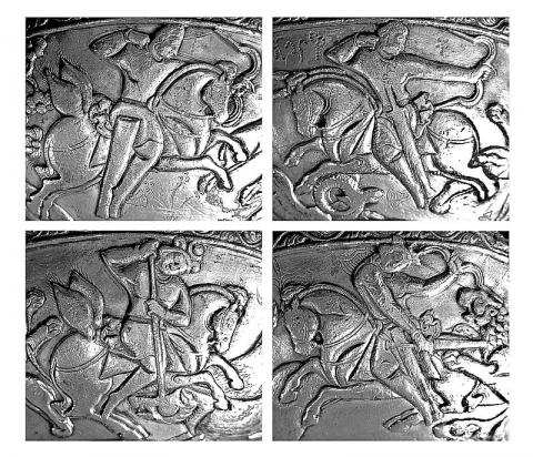 B. Silver bowl with a hunting scene, found in Swat Valley (Uddiyana). (© London, British Museum)